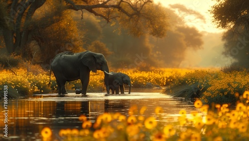 Mother and baby elephant cross river in natural landscape