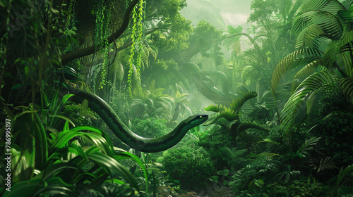 Immerse yourself in an evocative illustration of a tropical rainforest, where a striking green snake winds its way through the verdant landscape. 