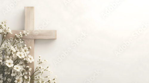 Composition with a Christian wooden cross and flowers against muted white background with space for text. Funeral invitation template