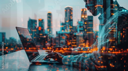 Double exposure of a businessman working on a laptop with a cityscape background in the reflection. The man is sitting at his desk using a computer with skyscrapers in the reflection. Generative AI