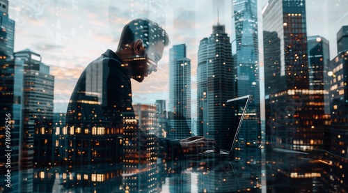 Double exposure of a businessman working on a laptop with a cityscape background in the reflection. The man is sitting at his desk using a computer with skyscrapers in the reflection.
