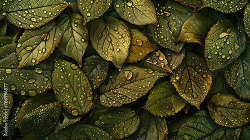 A close-up of leaves covered in dew drops