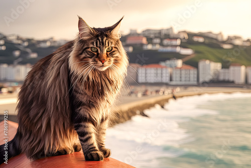 A cat with long fur is sitting on a ledge near the water.