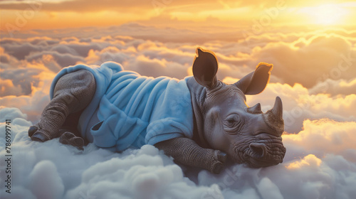 Illustration of a rhino wearing a blue nightgown resting and sleeping soundly above the clouds at dusk
