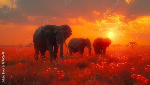 Elephants in a field of red flowers under a sunset sky