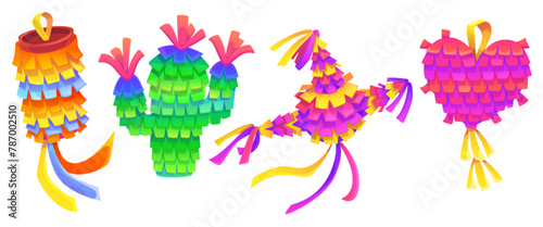 Mexican pinatas set isolated on white background. Vector cartoon illustration of colorful paper decoration for traditional birthday celebration, competition with sweets for kids fun and entertainment