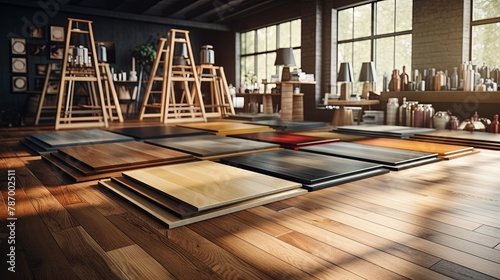 Assortment of parquet or laminate floor samples in natural colors. Wood laminate floor square samples, vinyl tile. Oak wooden background, Selecting exterior colors, Samples, Generative AI.