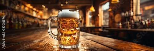 Refreshing glass of beer gleaming on a rustic bar counter. Perfect for pub scenes, beverage concepts, and relaxing atmospheres, Generative AI.