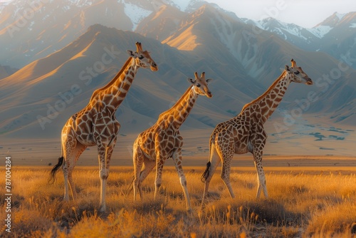 Three Giraffes in a field with mountains, under a cloudy sky