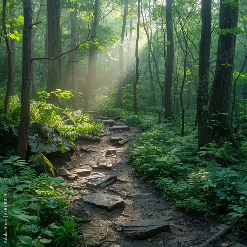 The serene morning light bathes the tranquil forest path in inviting illumination, lush and narrow
