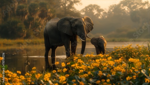 Two elephants, possibly Indian elephants, stand together in a field of yellow flowers on a grassy plain, showcasing the beauty of these majestic terrestrial animals in their natural landscape