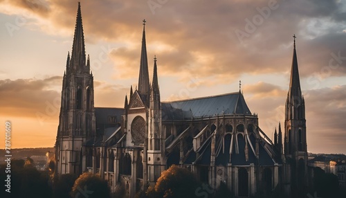 AI generated illustration of an aerial view of cathedral spires in cityscape