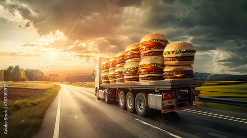 Cargo truck full of hamburgers on the road in the american countryside and sunset. Concept of high quality food products, cargo and shipping.
