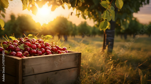 Cherries harvested in a wooden box in an orchard with sunset. Natural organic fruit abundance. Agriculture, healthy and natural food concept. Horizontal composition.