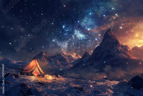 Glowing tent under a starry sky in a snowy mountain landscape at night