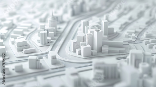 3d render of white map scene with city roads buildings top view isometric perspective