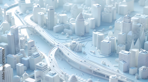 3d render of white map scene with city roads buildings top view isometric perspective