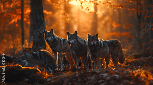 Wolf family in the forest with sunset. Group of wild animals in nature.
