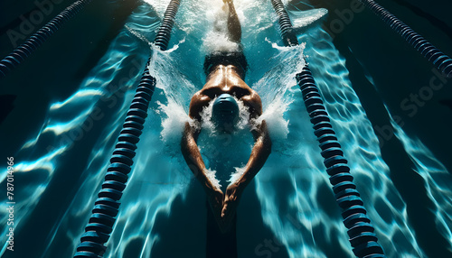 An overhead shot of a single swimmer in the middle of a swim lane in an outdoor pool.