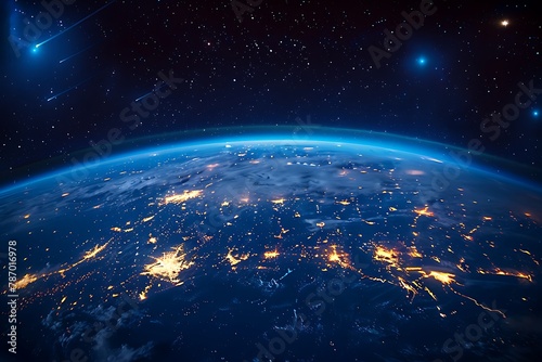 A nighttime image of the Earth from space, featuring the sun, the lights of every nation on Earth, and the idea of a galaxy and space.