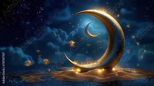 Eid Celebration with Golden Crescent on Deep Blue Background