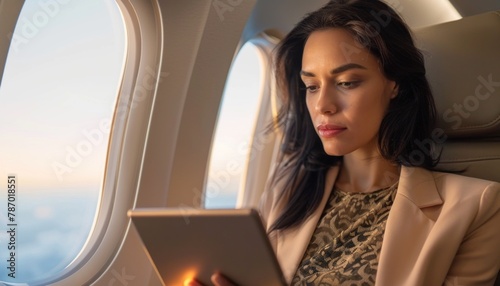 Business woman using tablet on airplane at sunset