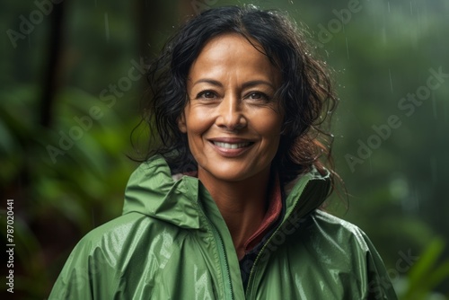 Portrait of a grinning indian woman in her 50s wearing a functional windbreaker over lush tropical rainforest