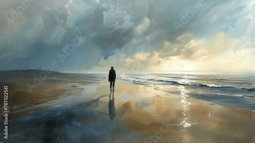 A man walking alone on a beach at sunset.
