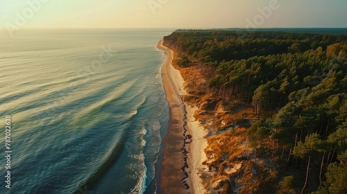 Curonian Spit wth Baltic sea coastline on sunset. Kurshskaya kosa national park near Zelenogradsk. Kaliningrad region. Aerial view