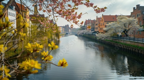 Gdansk, Poland - April 3, 2024: Spring flowers blooming on the trees over the Motlawa river in Gdansk. Poland