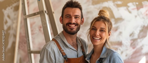 Home renovation, relocation and repaint concept with cheerful handsome young man and woman smiling happily at camera with toothy smile