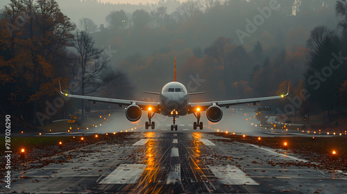 As the first light of a misty autumn morning breaks, a commercial aircraft stands ready on the runway.