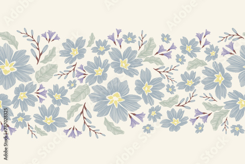 Floral ditsy pattern seamless paisley embroidery with blue flower motifs. Ethnic Ikat pattern oriental traditional style vector illustration design hand drawn primrose flowers.