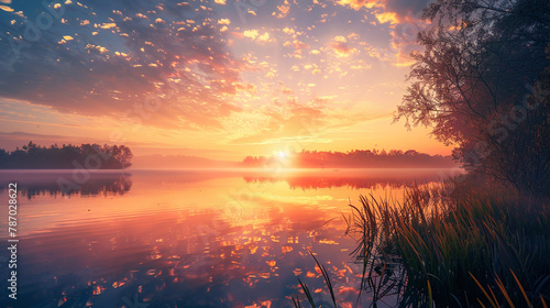 Step into a moment of tranquility with an AI-generated image capturing the magical sunrise over a serene lake, depicted in high definition to emphasize the soft hues of dawn painting the sky and water