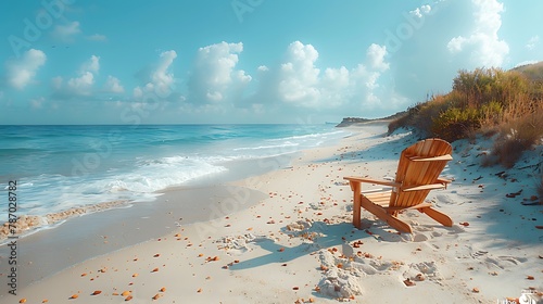 a solitary chair placed on the sand, providing a quiet haven for enjoying the beauty of the seaside, in realistic 8k high resolution.
