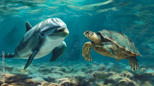 A green sea turtle and a dolphin swim in the underwater world