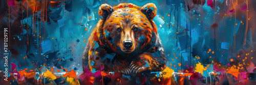 Depicting a tranquil bear at rest with a dreamy blue and orange paint-streaked backdrop, signifying peace