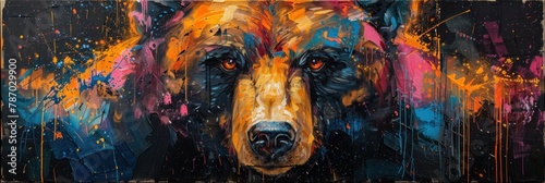 A captivating bear portrait, deeply expressive and painted in a dramatic array of abstract colors, rich in texture and emotion