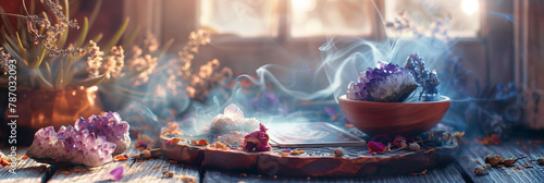 Tarot cards on the table with crystals, dry flowers and smoke . Blurred background with copy space. occult, esoteric services. love spell, fortune telling, removing the evil eye or curse 