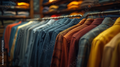 impactful image of shirts lined up neatly on a rail, their smooth fabrics and subtle colors exuding sophistication and style, portrayed in cinematic 8k high resolution.