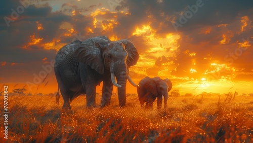 Two elephants, one African and one Indian, are peacefully grazing in a field at sunset, surrounded by the natural landscape under a cloudfilled sky