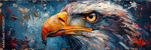 Zoomed in view highlights the piercing eyes and strong beak of an eagle against a dramatically cool colored abstract background