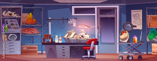 Archeology lab interior with fossils. Vector cartoon illustration of laboratory room with stone and prehistoric animal bones on desk under microscope and lamp, folders on shelf, paleontology science