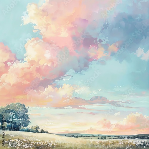 Illustration of an ethereal landscape, Good Heaven, serene skies and tranquil fields, soothing pastels, inviting peaceful contemplation