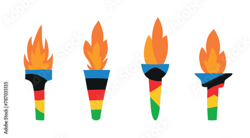 Set of burning olympic torches with flame. Symbol of competition victory, champion. Vector illustration in white background. Sticker, label, clipart, design element. International sport event