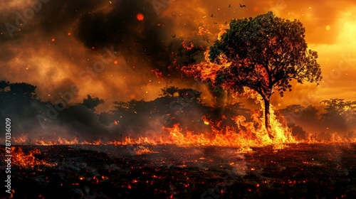 Solitary Tree Afire, Dominating the Scene as a Visual Manifestation of Climate Crisis and Urgency