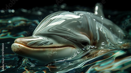 Closeup of a fluid dolphin swimming in electric blue water