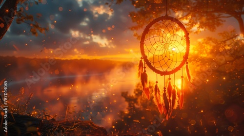 Dream catcher hangs from tree in woods at sunset, under colorful sky