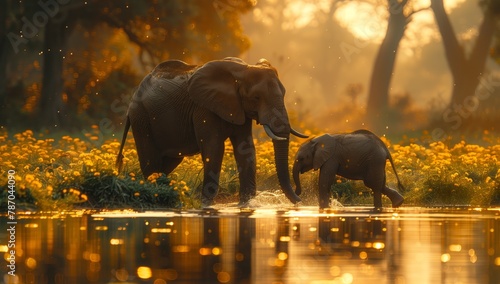 A mother elephant and her baby are quenching their thirst by drinking water from a river, surrounded by lush green grass and a beautiful natural landscape