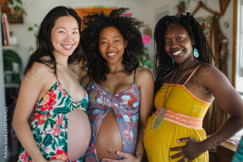 Mothers-to-be, representing a mix of cultures, converge in the third trimester, celebrating their pregnancies with diversity and happiness.